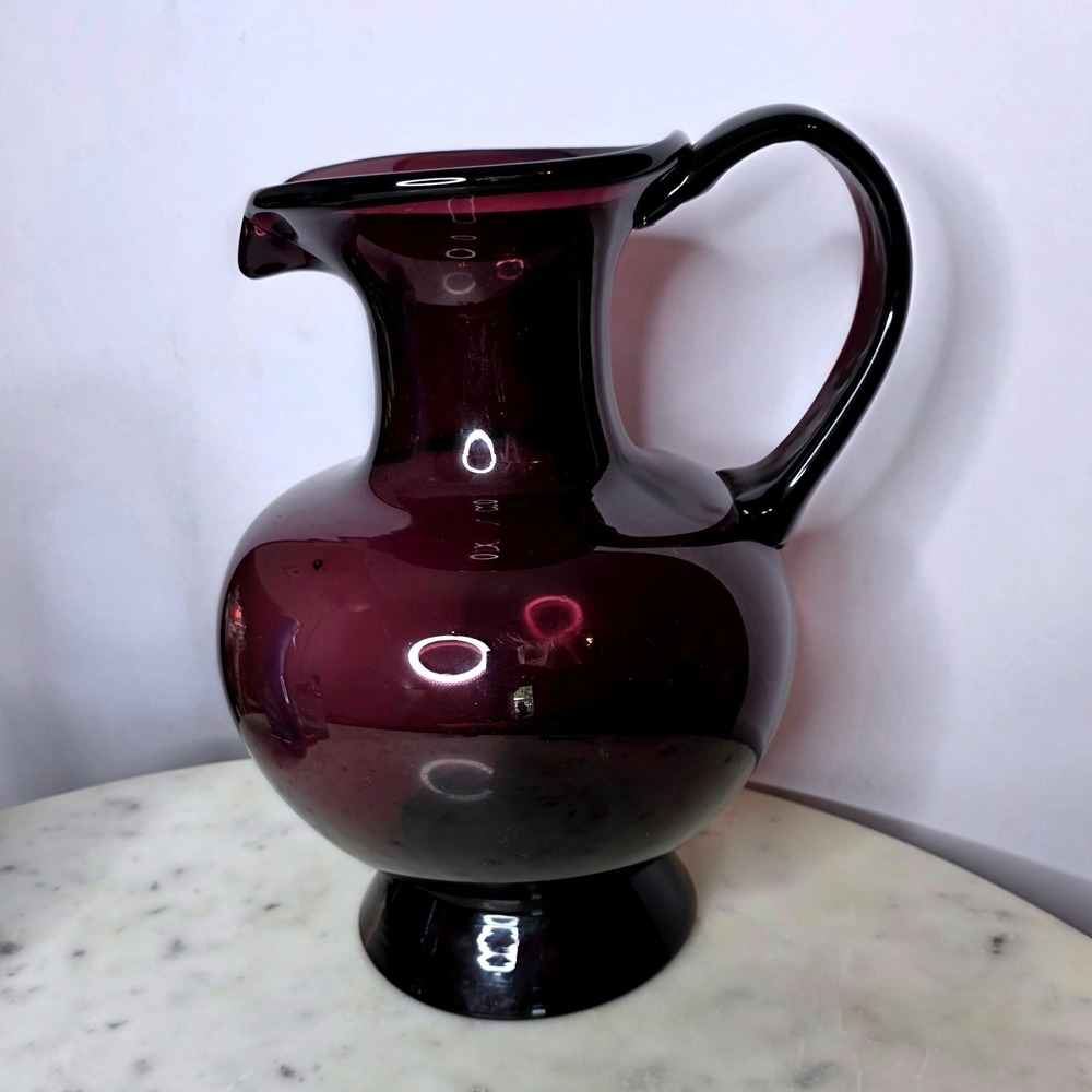 Vtg Hand Blown Amethyst Purple Art Glass Pitcher 12.5" Pontil Pedestal 4.9 lbs